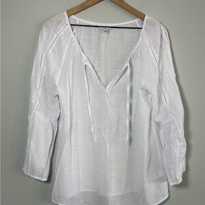 Counterparts White Peasant Gauze Blouse with Tie Neck